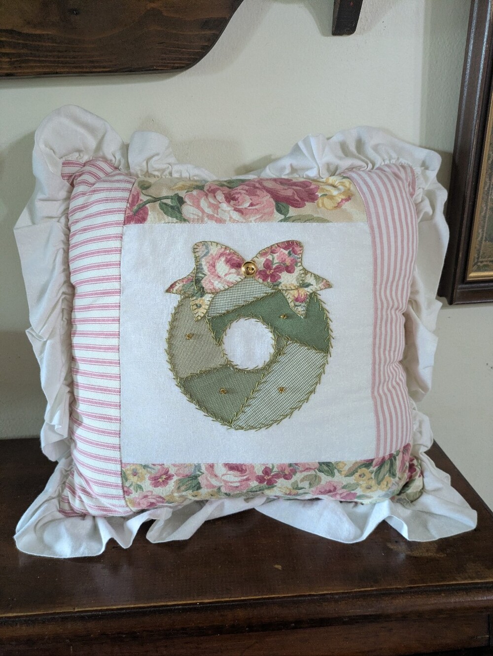 Vintage Shabby Chic Patchwork Ruffled Throw Pillow Wreath Floral Christmas Farm